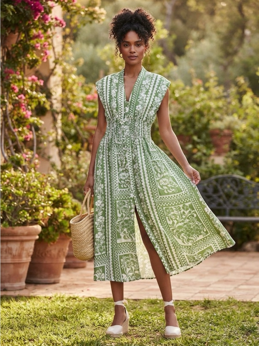 Umgee Green & White Floral Patchwork Sleeveless Midi Dress Size L Smocked Waist